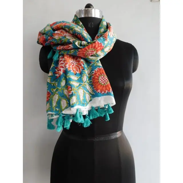 Women Handmade Cotton Winter Wear Scarf Ladies Tassel Red Floral Hand Block Printed Soft Shawl Stole Bandana
