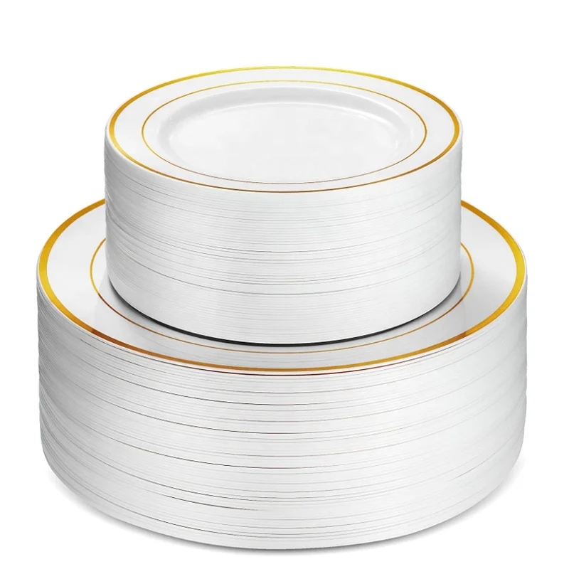 Round Plastic Dinner Plates Set Gold Rim Disposable Premium Heavy Duty Hard 10.25inch And 7.5inch Dishes Plates For Wedding Part