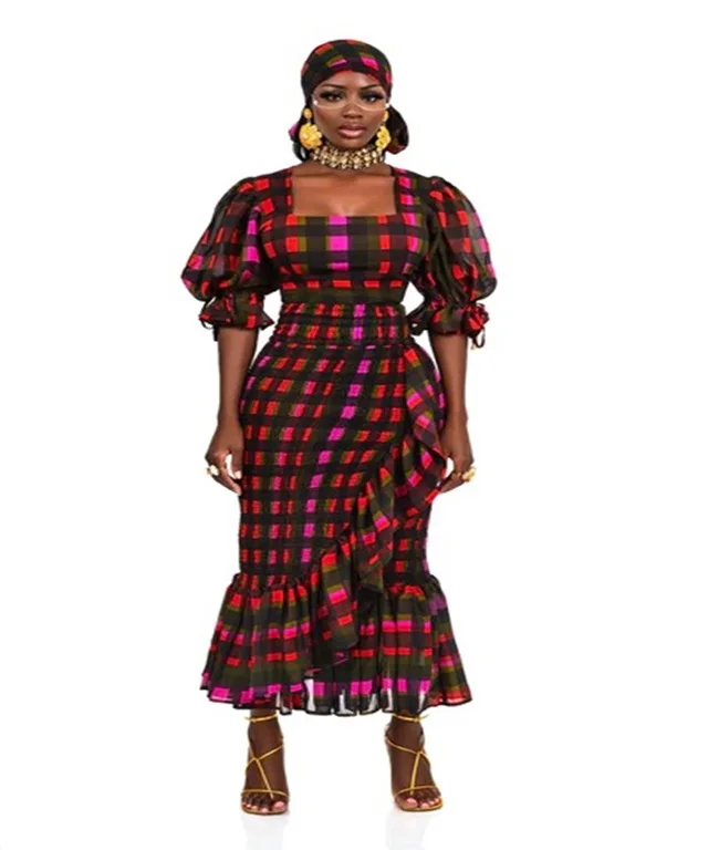 Women Top and skirt set in light weight printed georgette fabric puff sleeve top with smocking skirt with frills on bottom