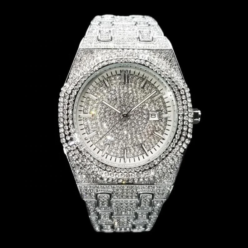 Luxury Unisex Stainless Steel ETA Watch Bling Iced-out Moissanite Watches Gold Wristwatch Analog Super Clone Quartz Fashion