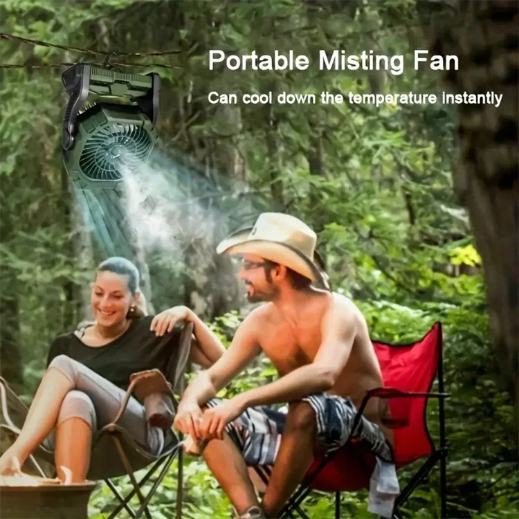 Portable Camping Fan Lantern with RGB Lights 7800mAh Rechargeable Misting Fan with Hook for Tents