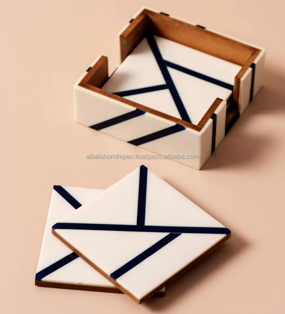 Handcrafted Wooden Tea Coasters Set 4 Square Non-Slip Resin Marble Mop Inlay Epoxy from India with Table Mat Holder Drinks Cups