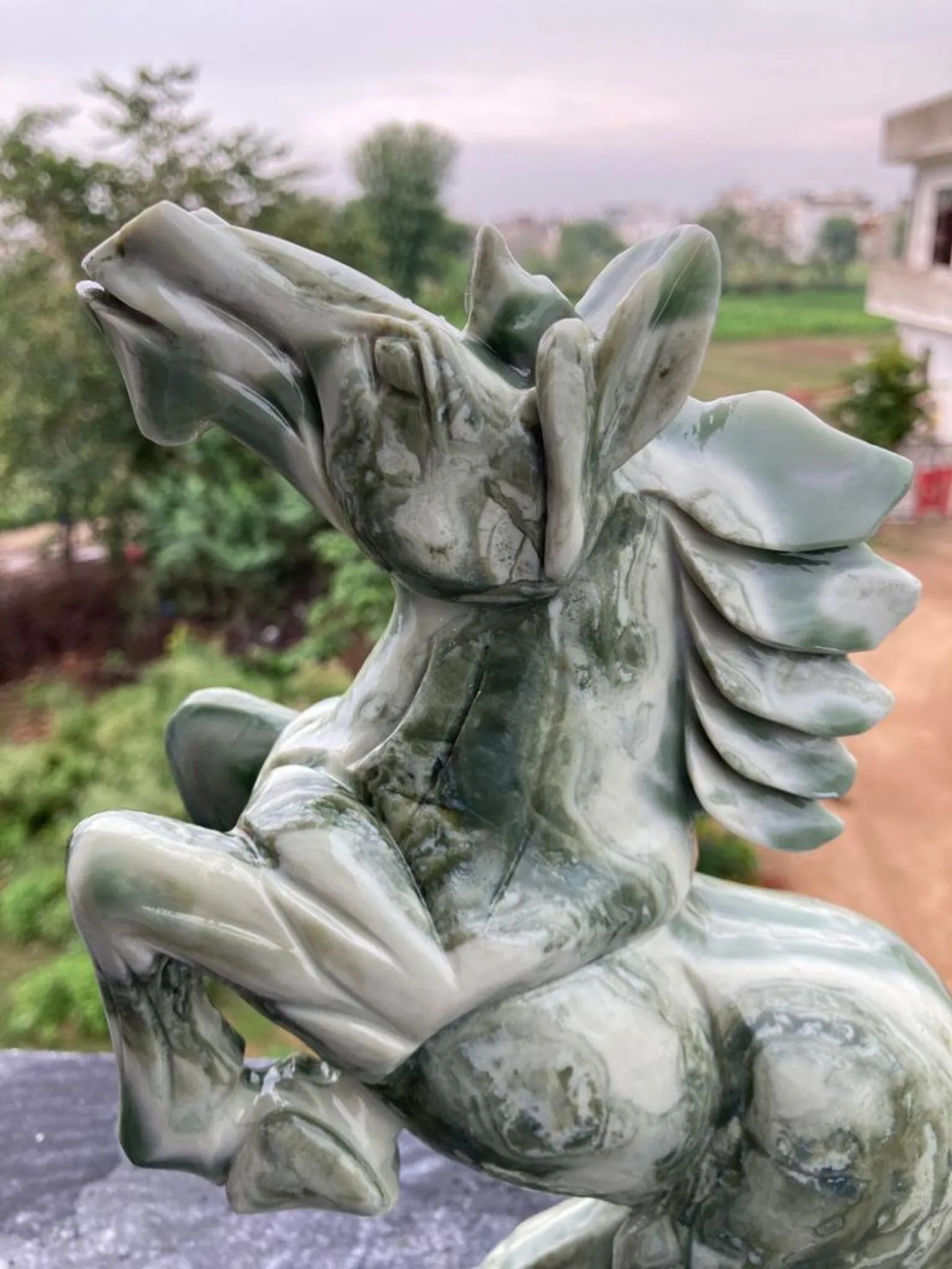Stunning Serpentine Horse Statue Natural Crystal Carving Home Decor Heart Chakra Semi-Precious Stone Craft