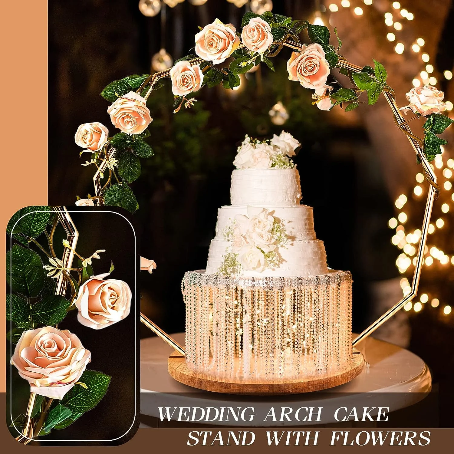 Chunlei OEM Puesto de pasteles Wedding Arch Cake Stand with Artificial Pink Rose Garland Geometric Gold Wedding Cake Stand