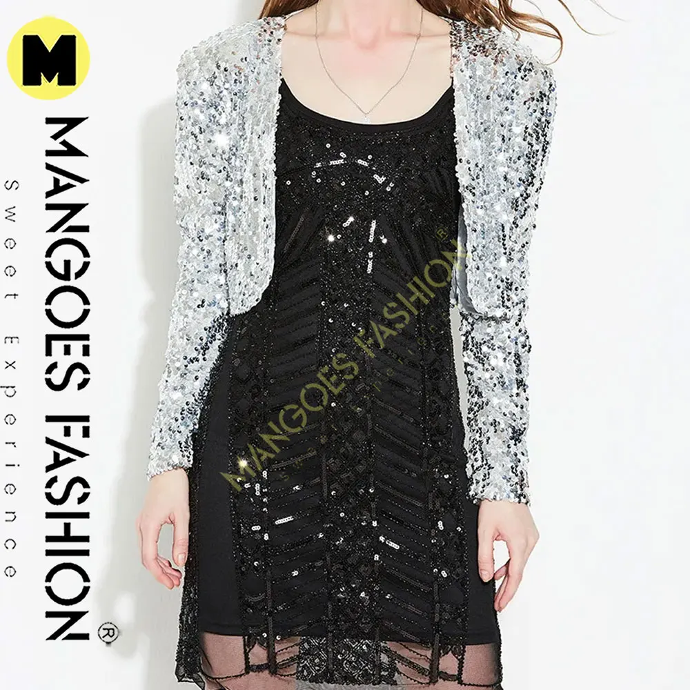 Sequins Jacket Women Luxury Party Evening Dress Nightclub Outfits Music Festival Rave Top Long Sleeve Short Coat Silver