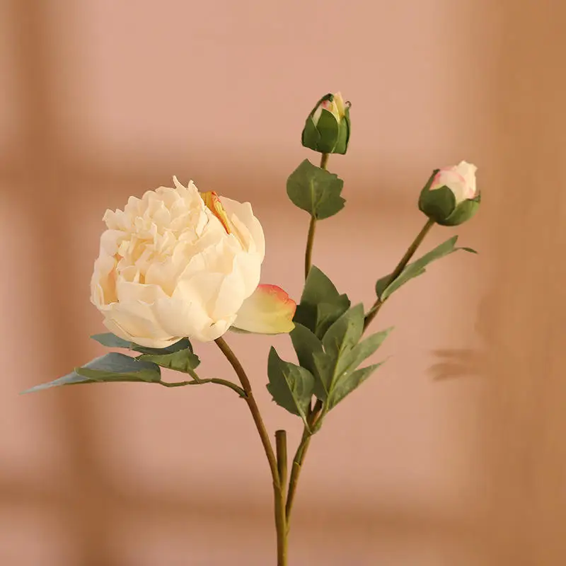 Wholesale Weddings Decorative Home Decor French single-branch 3-head peony with burnt edges Peony Flower