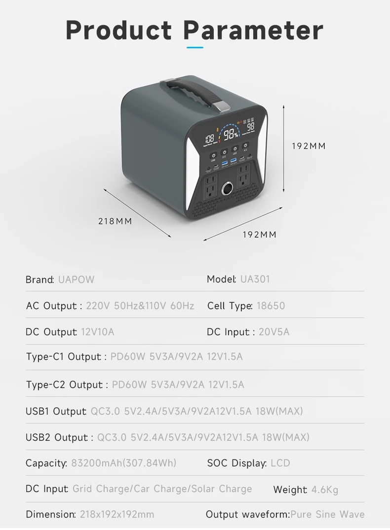 Wholesale UA301 Portable Power Station Emergency Solar Generator LED Light Fast Charging Energy Storage Battery EU Plug Home Use