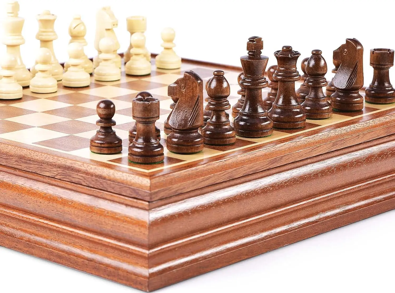 Chess and Checkers Board Game Sets for Adults Wooden Deluxe 15 inch Wood Board Box with Storage Classic 2 in 1with Chess Pieces
