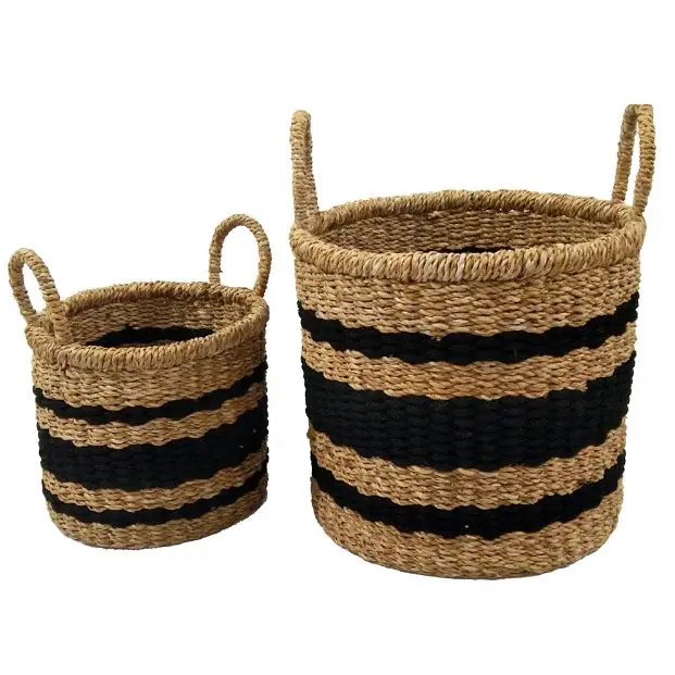 Eco-friendly Natural Base Print Color Household Multi Functional Basket Clothes Storage Hand-Woven Laundry Seagrass Baskets