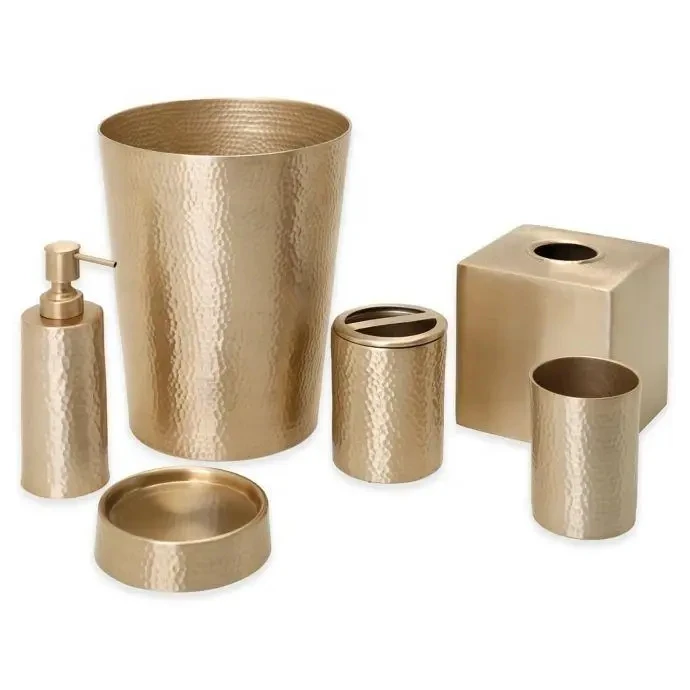 Luxury 5 pieces Bathroom accessories Tray Box Vase Dispenser Metal accessories set for Bathroom or washroom use