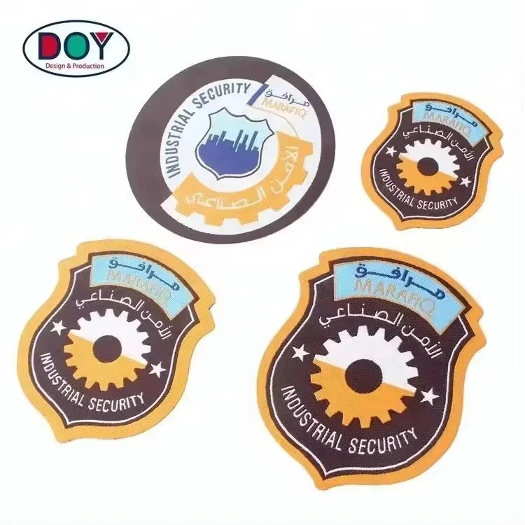 Uniform Clothing Weaving Labels Wholesale Custom Shield Shape Logo Self Adhesive Woven Patches for Garment