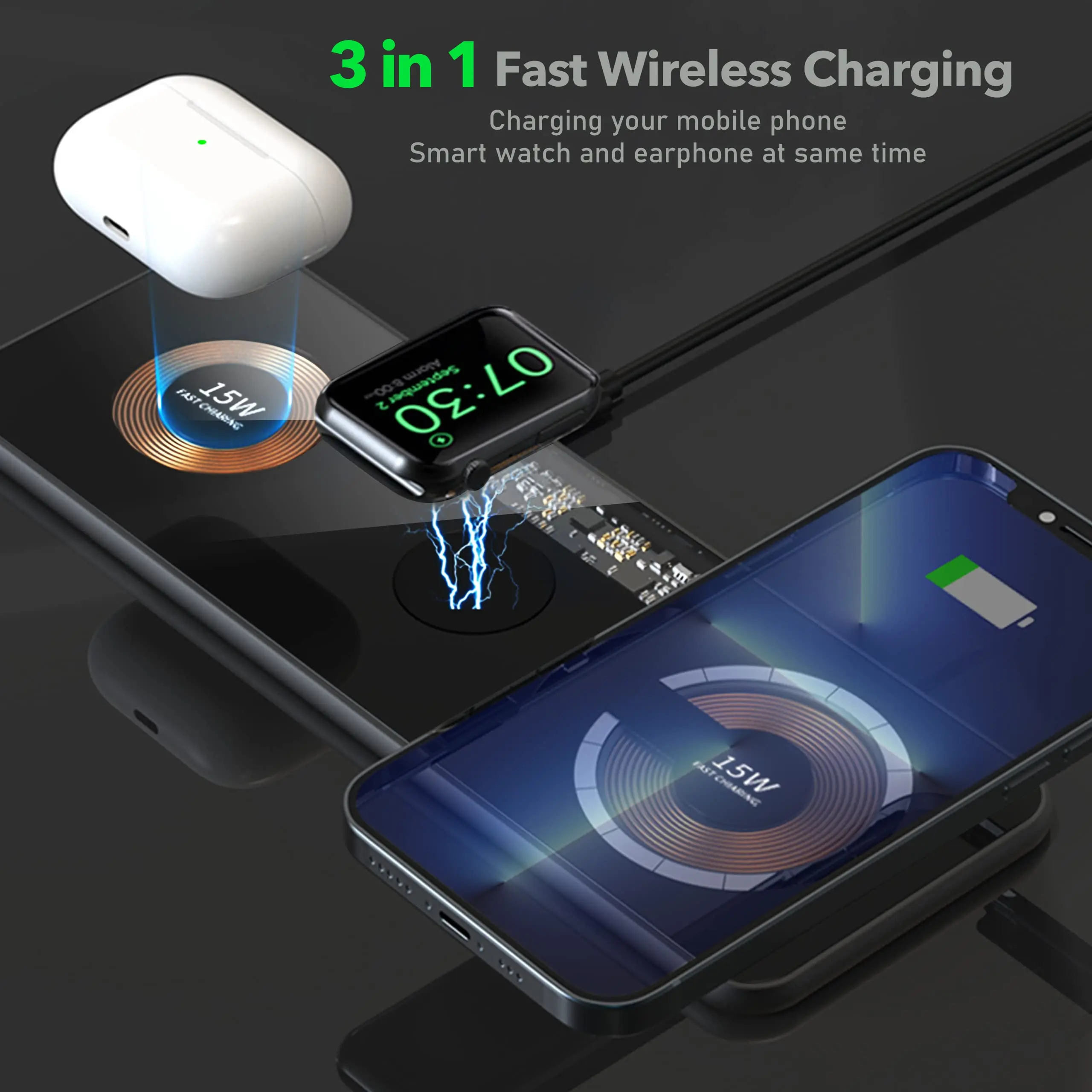 Travel temper glass Dual 15W Fast Transparent panel  Magnetic Station Aluminium Alloy Body 3 in 1 Fast Wireless Charging Pad