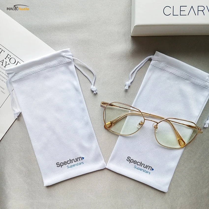 Wholesale White Luxury Drawstring Microfiber Packaging 180gsm Eye Glasses Sunglasses Pouch Bag And Cloth With Logo
