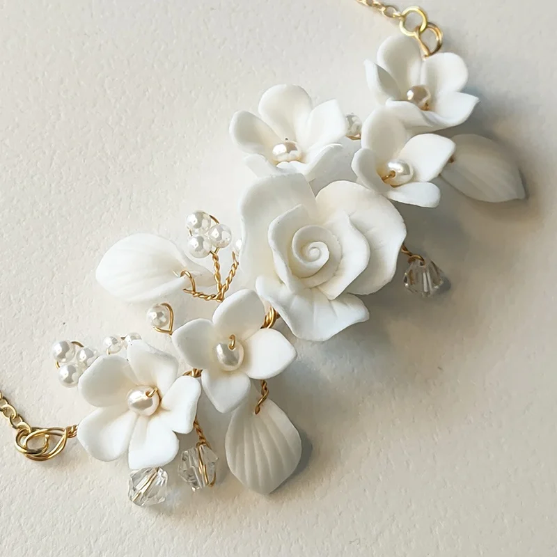Handmade Wedding Jewelry Necklace Ceramic Flower Leaf Accessories Bridal Necklace With Porcelain Floral
