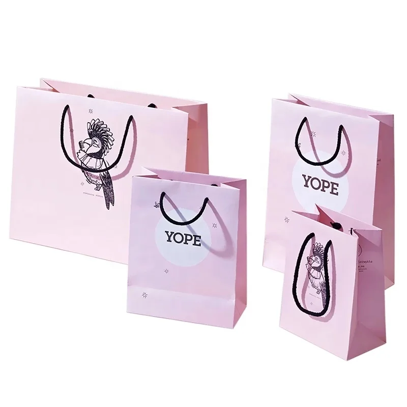 Printed Pink Elegant Brand Logo Luxury Boutique Shopping Paper Bag Custom Logo White Paper Gift Bags With Ribbon Handles