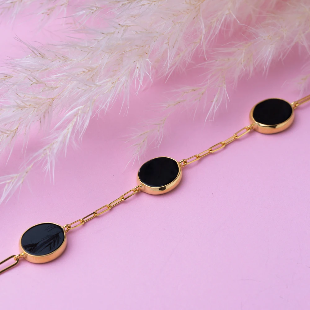 Black Quartz Stone Oval Design 22K Gold Bezel Charm Bracelet 925 Sterling Silver Jewelry Wholesale Handcrafted Fine Jewellery