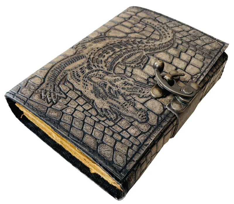 Alligator Crocodile Embossed Leather Journal Vintage Handmade Custom Notebook Deckle Edge Paper Diary With Antique Brass C Lock