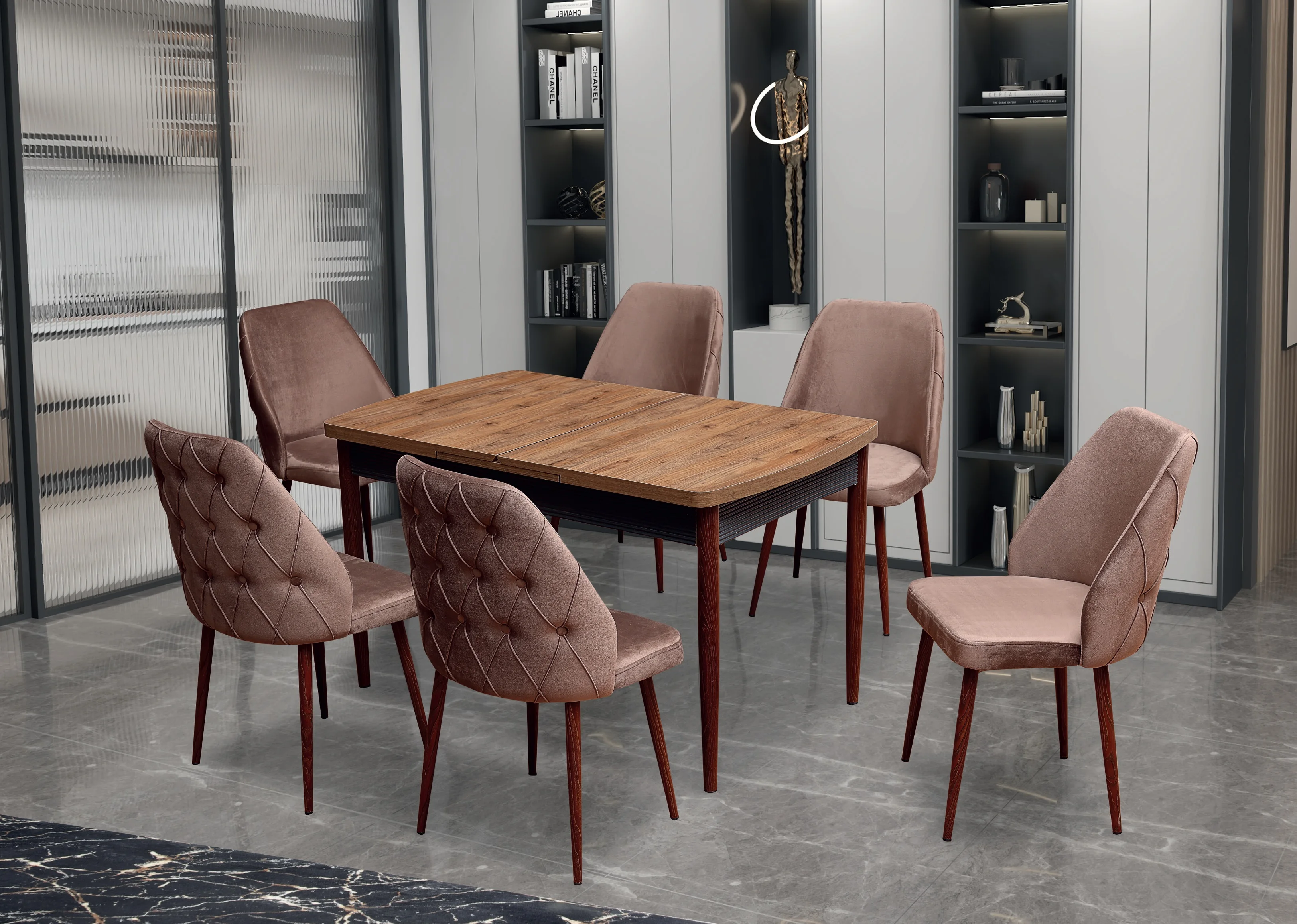 Oslo Table Set MDF   6  Chair Home  Luxury Foldable Dining   Extension Table Adjustable  Furniture Glass Marble Wood