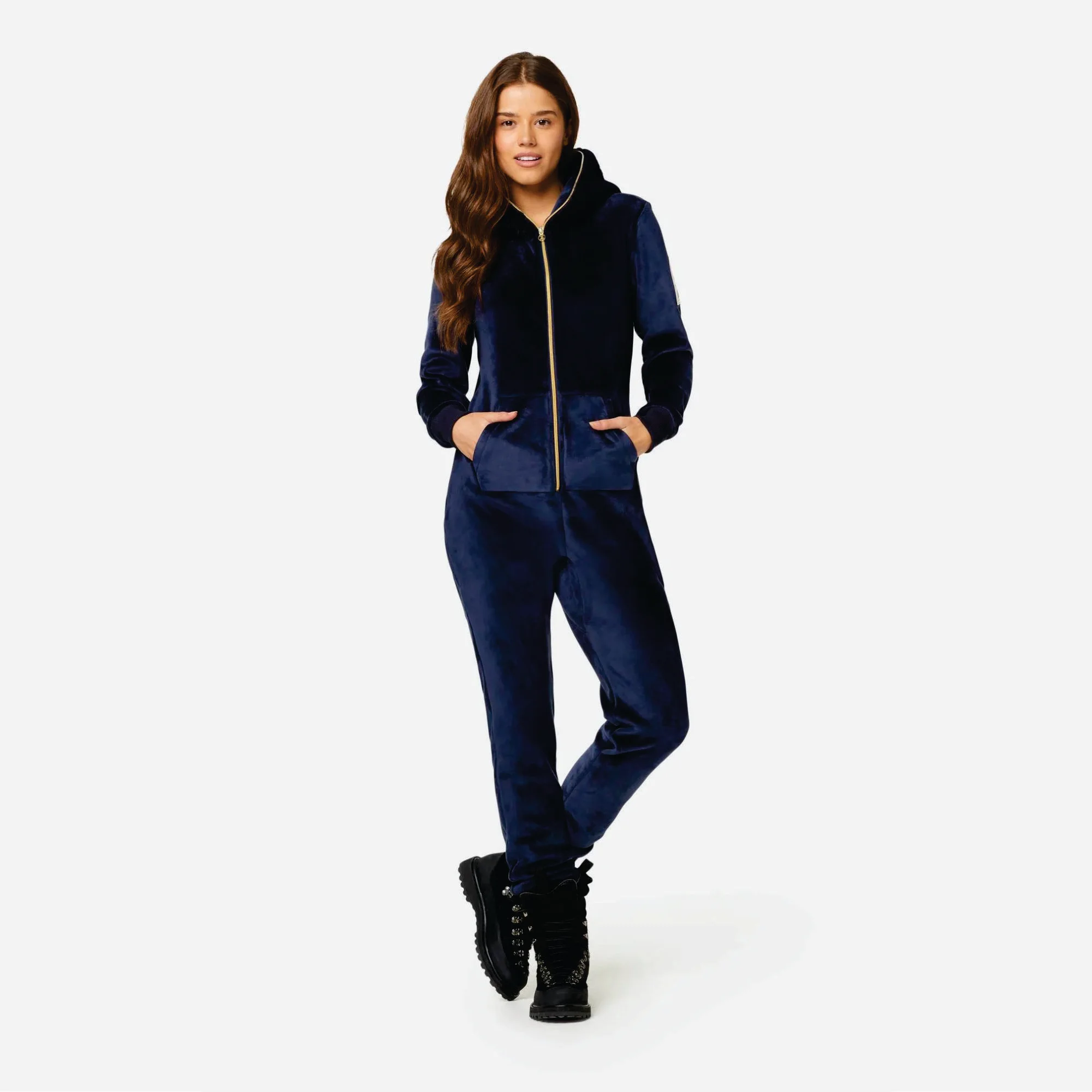 100% Polyester One Way Zipper Opening Front Kangaroo Pocket Navy Women Alps Soft Velvet Fitted Jumpsuit