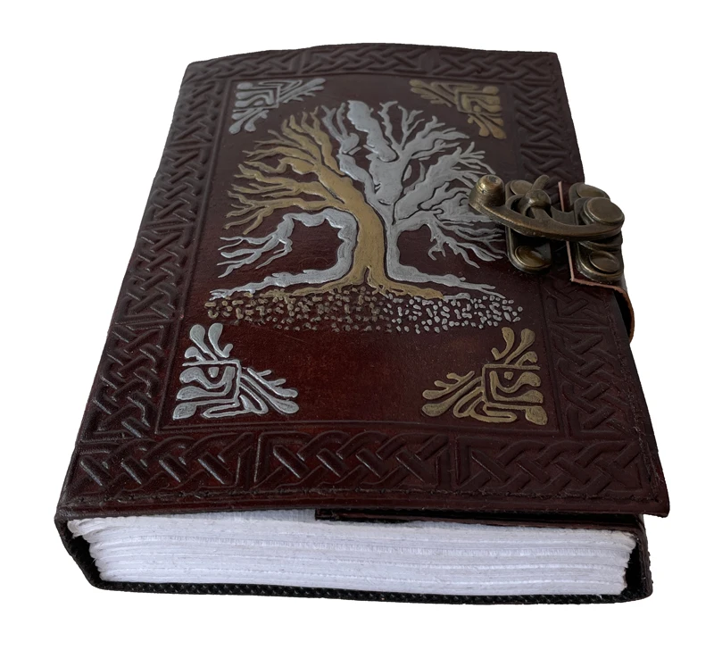 tree of life leather journal with golden Silver Leather Custom Notebooks Hardcover Brown cover Plain book Gift book of shadows
