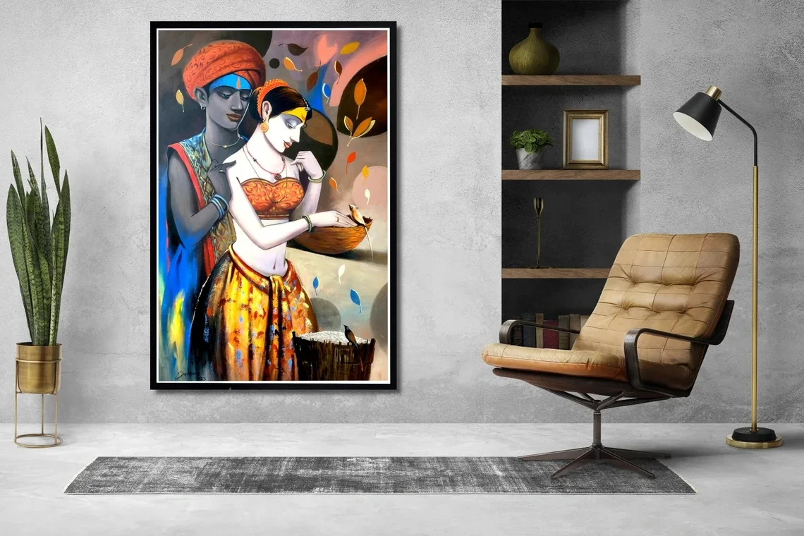 Extra Large Canvas Painting Radha Krishna Acrylic Painting Hindu Religious Art Best Handmade Gift for Her Family Home Decor