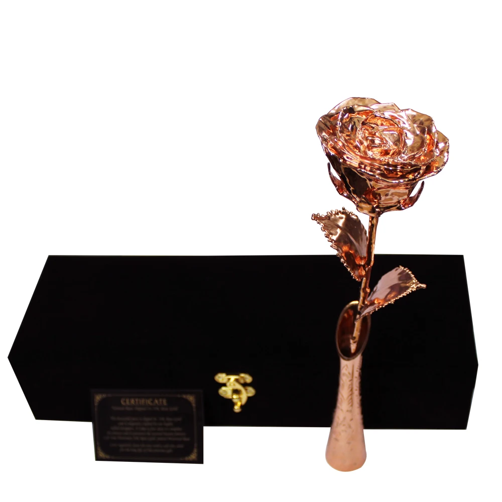 Hot selling 2023 Rose Gold plated Natural Rose with vase and velvet box Natural rose dipped in Rose Gold