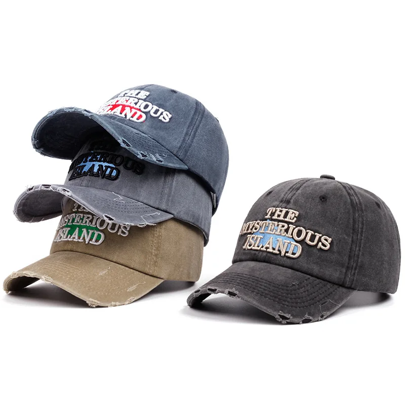 Custom Embroidery 3D embroidery  Vintage washed denim curved brim baseball cap raw edge design Street Style