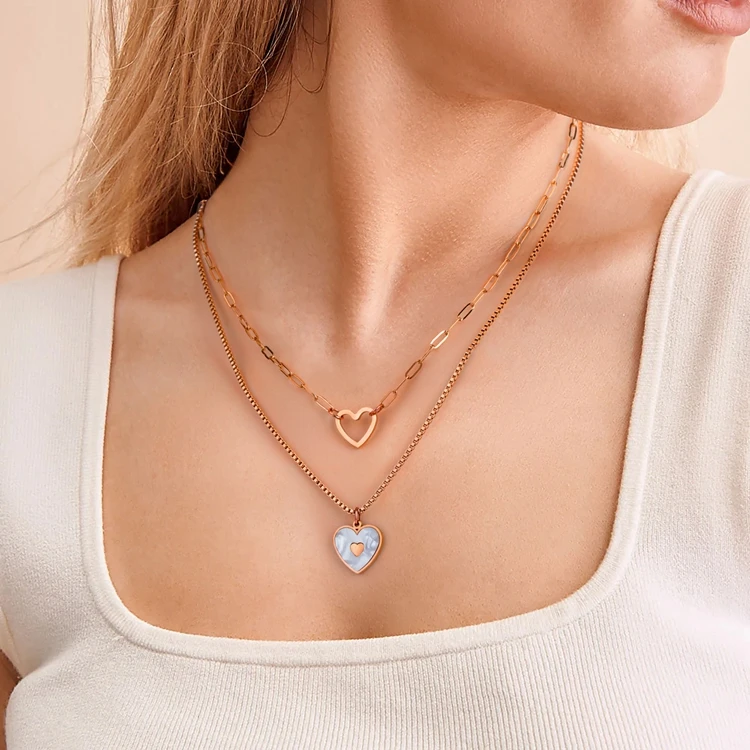 18K Rose Gold Plated Double Layer Heart Necklace Stainless Steel Hollow Heart Pendant Necklace Pearl Heart Necklace For Women