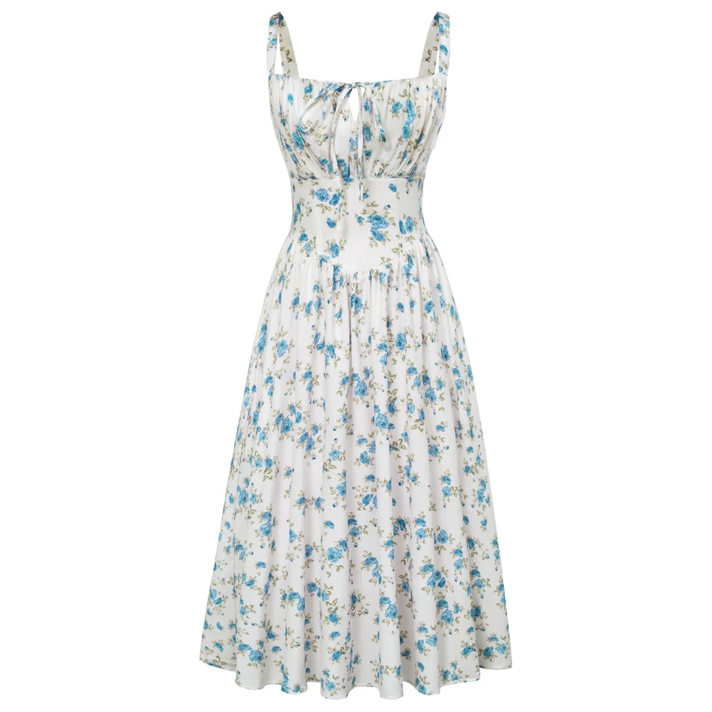 High Quality Summer Elegant Floral Print Mini Dress Women New Design Custom Casual Square-Neck Breathable Woven Natural