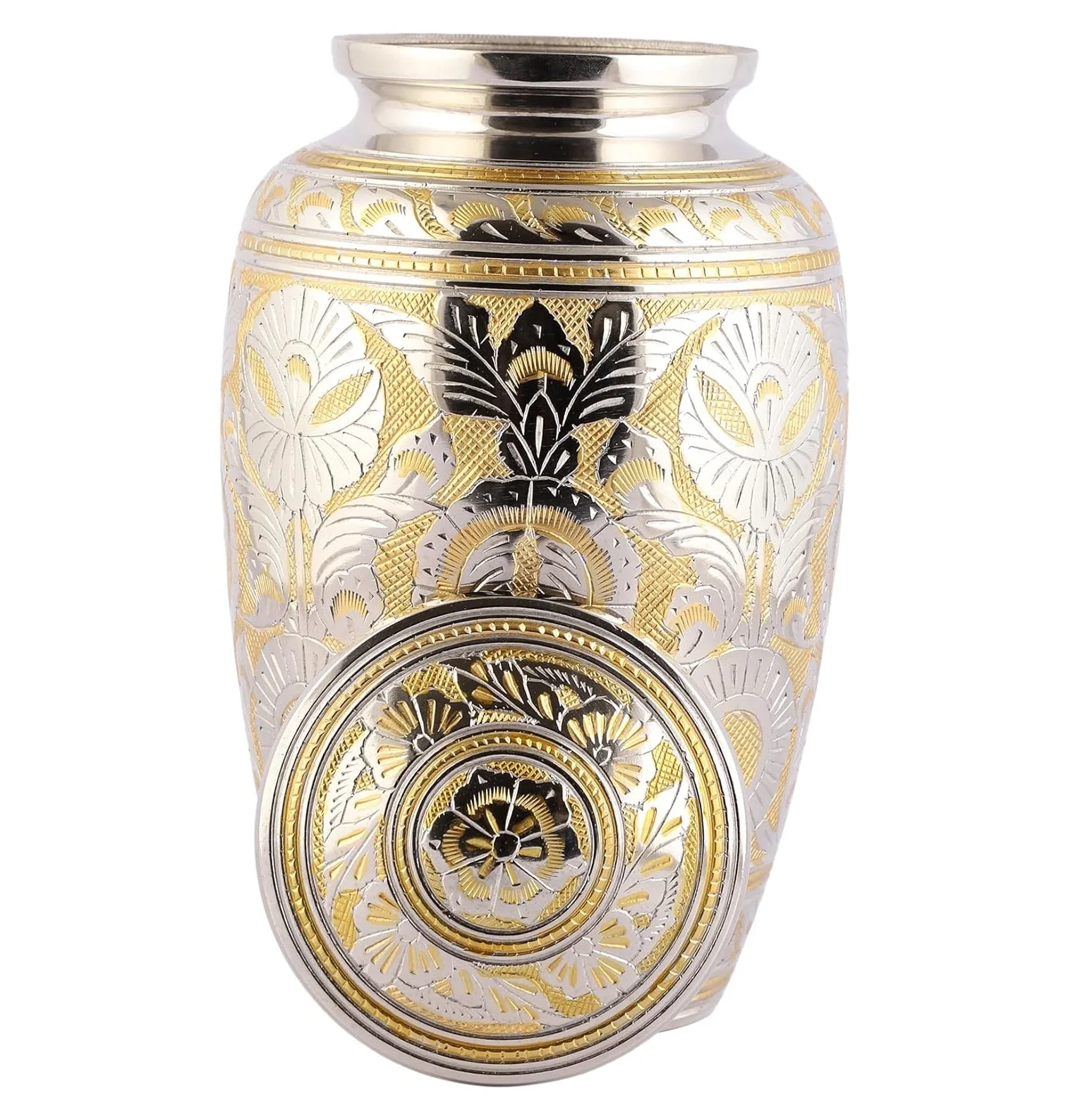Silver Gold Fully Hand Carved Solid Brass Cremation Urns & Keepsake For Human & Pet Ashes Classic Design Funeral Memorial Urns