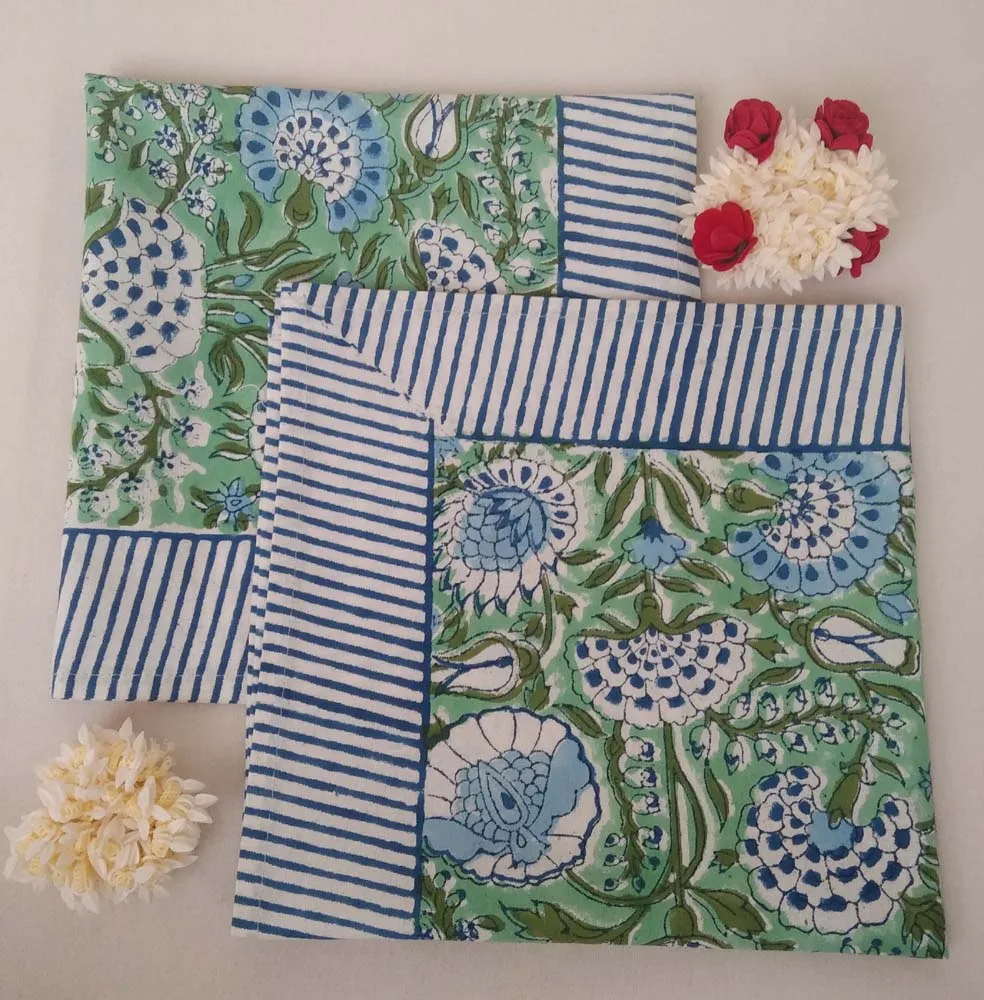 Green Indian Floral Hand Block Printed Cotton Napkins Reusable Garden Inspired Place Mats for Weddings Home Parties Handmade