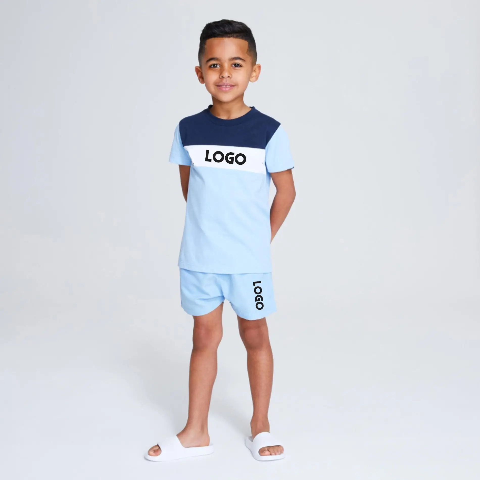 Plain 100% cotton custom logo printing boy sweatsuit set summer baby T shirt and shorts set kids clothing sets