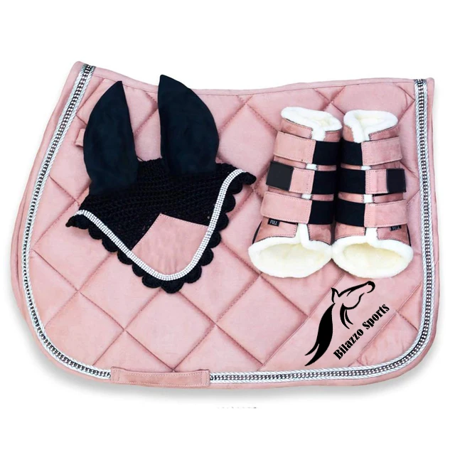 HORSE ENGLISH COTTON SADDLE PAD WITH MATCHING BELL BOOT TENDON BOOT & FLY VEILS MATCHING SET CUSTOMIZATION ACCEPTED