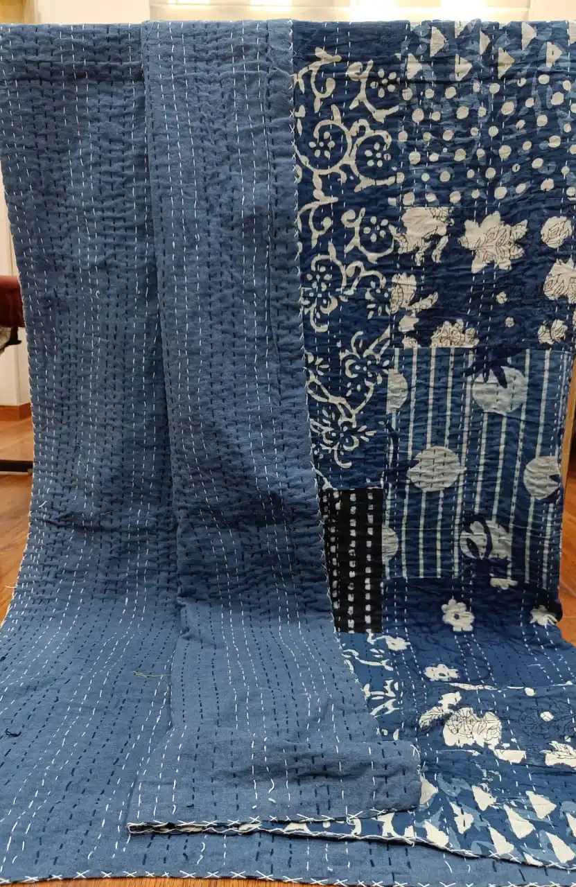 Indian Hand Block Kantha Bed Cover Gudari Indigo Patchwork Printed 100% Cotton
