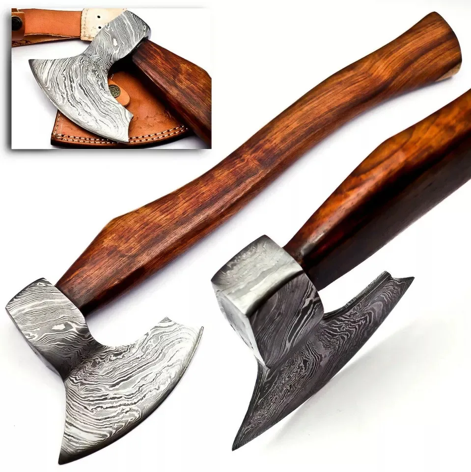 Professional Damascus Axe  Custom Handmade Damascus Steel Axe  Rose wood Handle and Leather Sheath