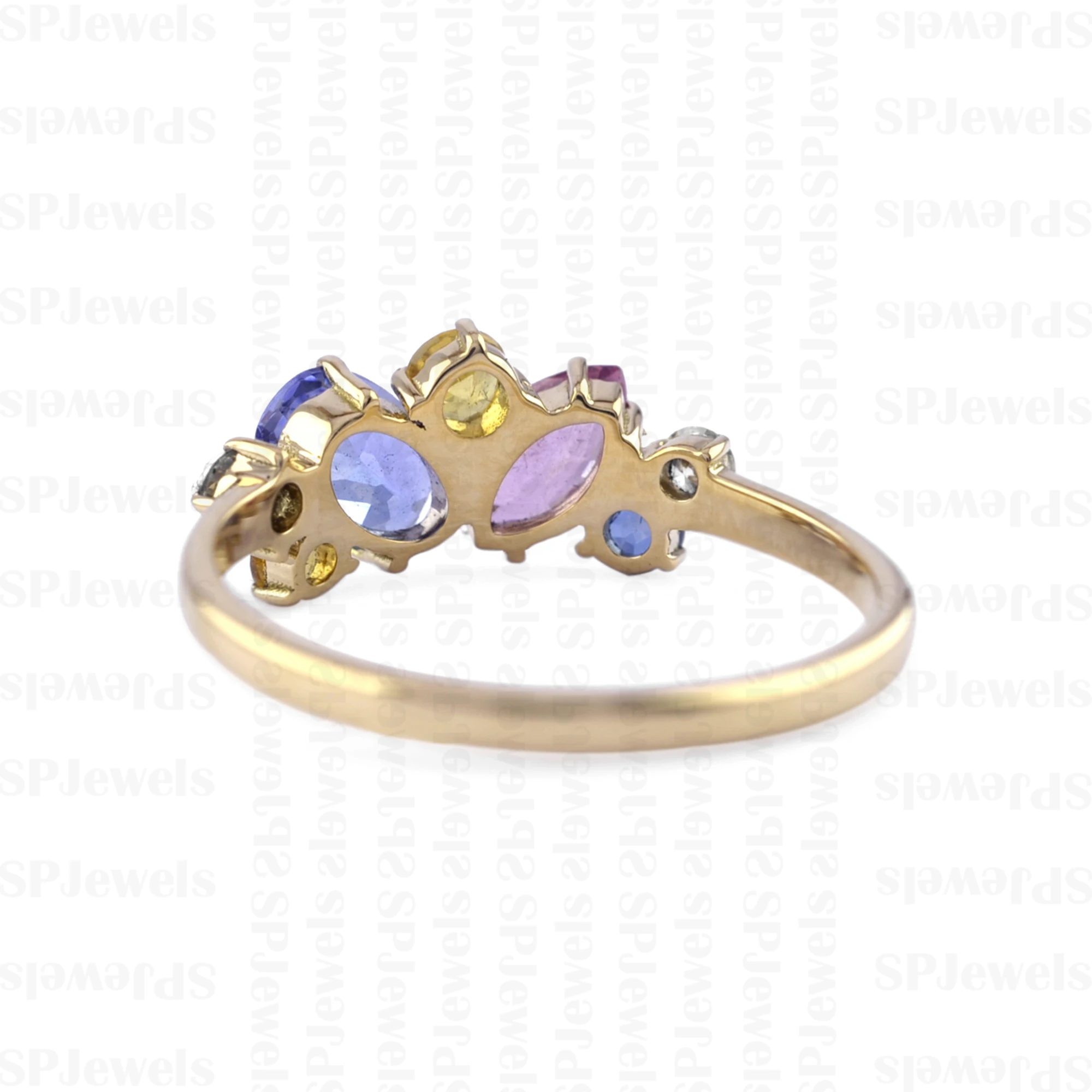 Trendy Multi Stones Rings Solid 18K Yellow Gold Unshaped Design Natural Gemstone SI G-H Diamond Wedding Ring Available for Ship