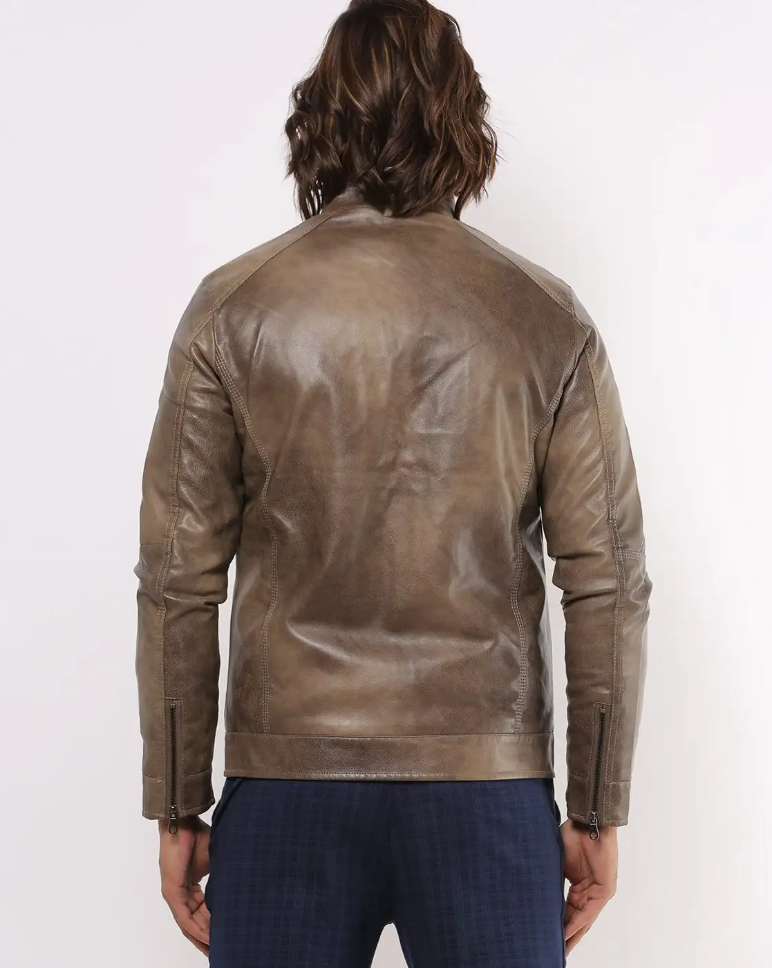 Paneled Slim Fit Zip-Front Genuine Goatskin Leather Biker Jacket For Men Fashion 2022 Clothing