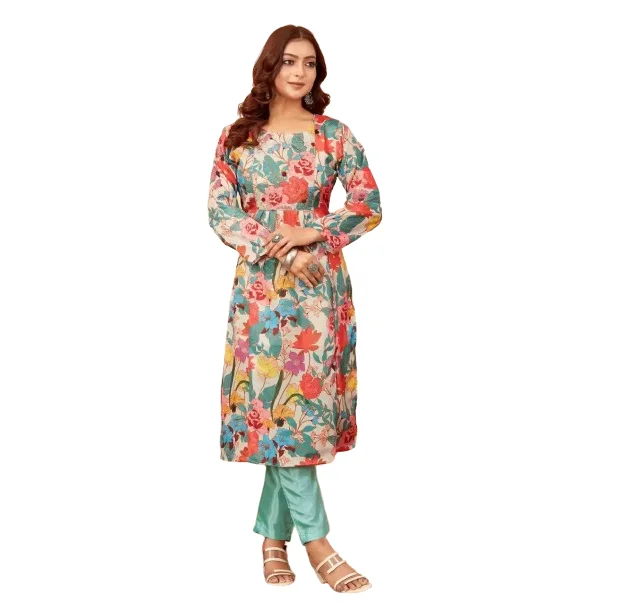 Latest Traditional Silk Fancy Embroidery Work Kurti with Pant Set for Women Festival and Casual Wear with Plus Size Daily Wear