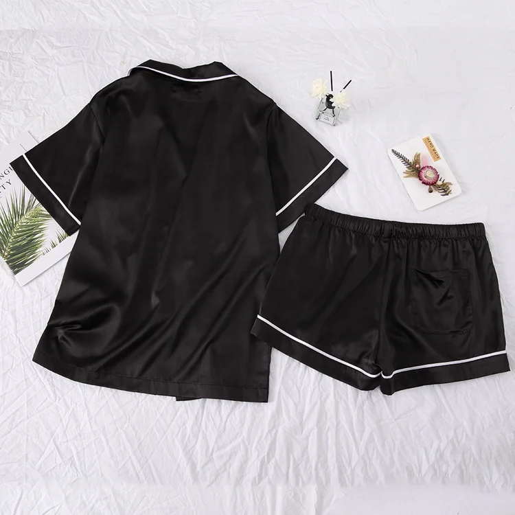 Custom Summer Silk Pajamas Womens Short Sleeve Sleepwear Soft Satin Button Down Loungewear 2 Piece Pjs Shorts Set For Women