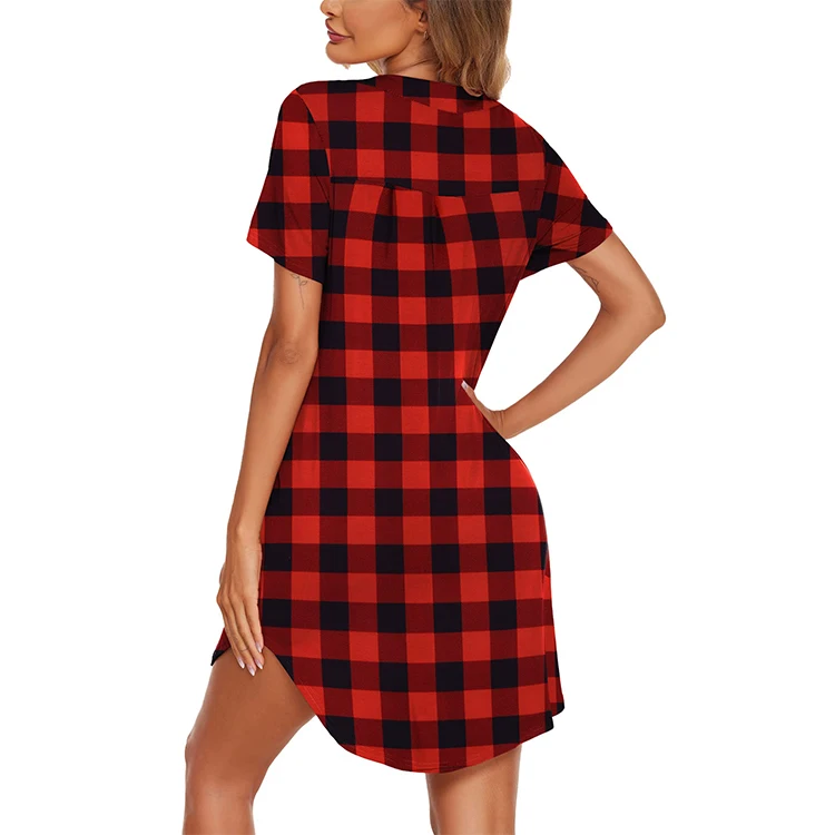 OEM Wholesale Plus Size Women Loungewear Summer Short Sleeve Button Down Red Plaid Christmas Sleepwear Night Dresses For Woman