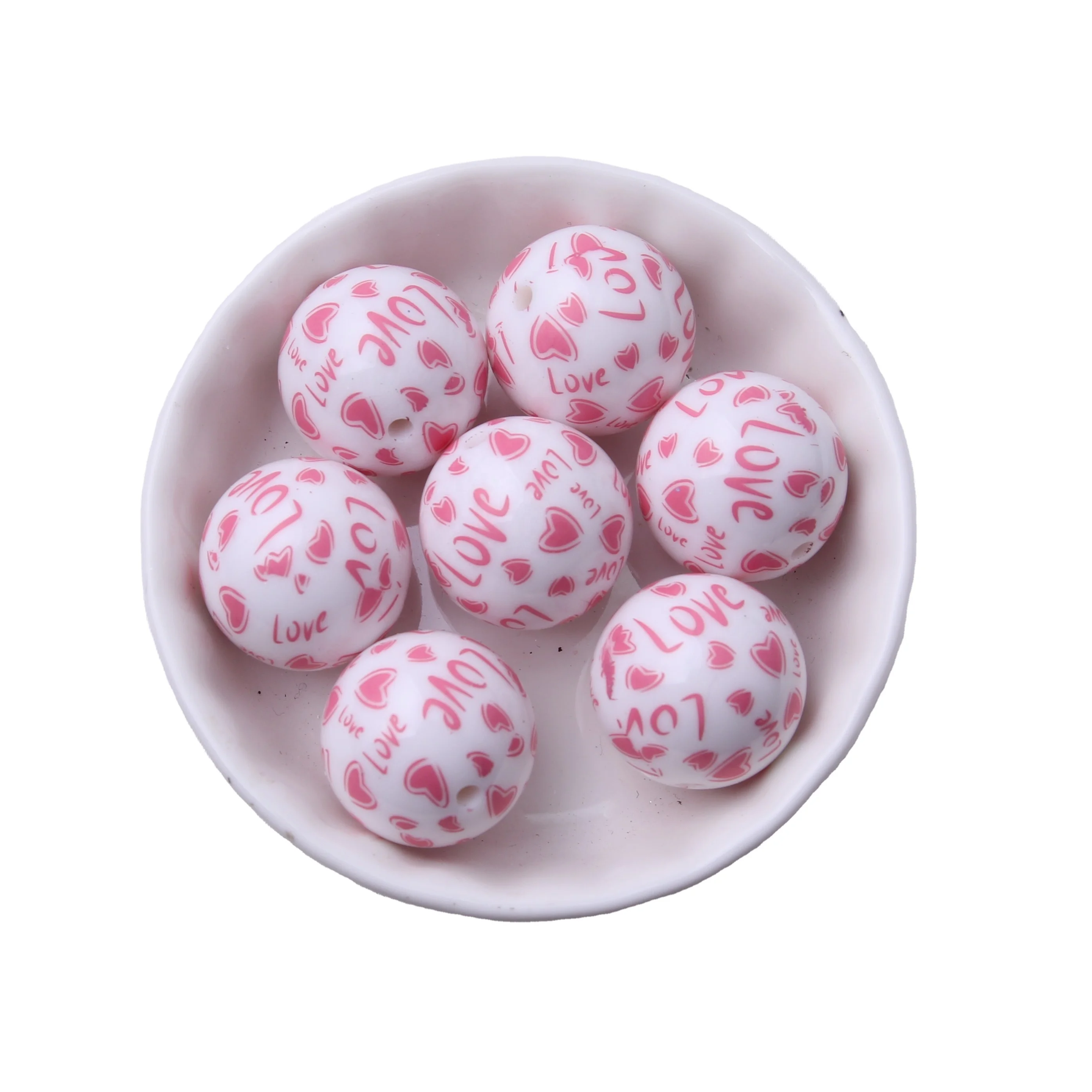 20mm 100pcs Wholesales Custom Chunky Necklace Jewelry Round Acrylic Solid Print Heart Love  Beads for Valentines Day DIY Making