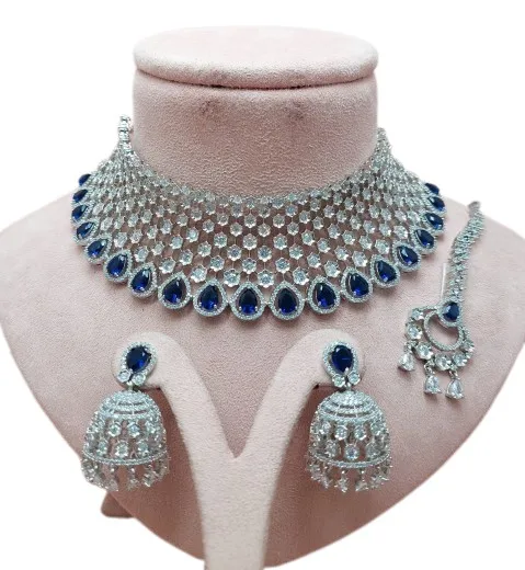 Fashionable Design Bridal Cubic Zirconia Gold Stud Earrings Brass Metal Choker Necklace Set