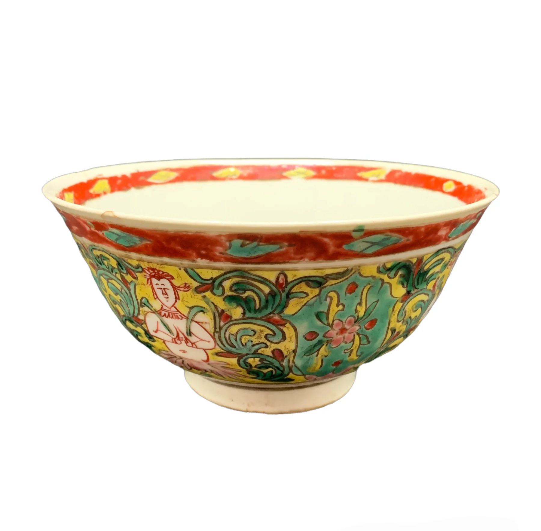 Antique Benjarong Porcelain Bowl Painted With Theppanom And Floral Vine On A Yellow Ground for Collectible