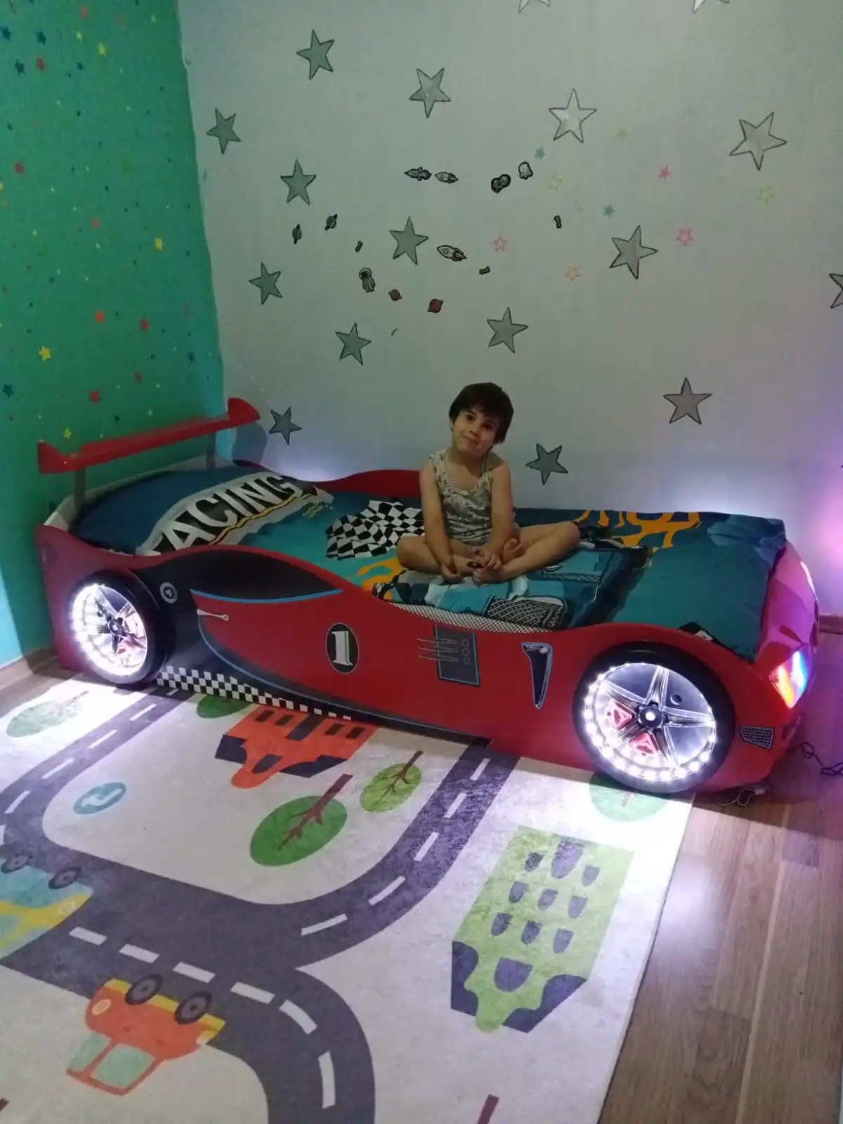 Single size Luxury car bed children solid wood fine ABS colorful led light comfortable kid bed super race car children bed