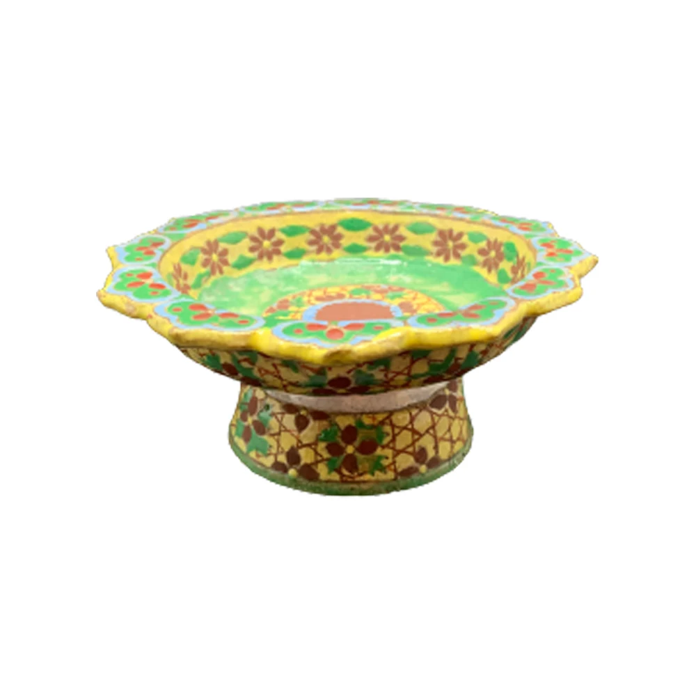 Antique Benjarong Ceramic Stem Dish Painted With Floral Design in Lotus  Petal On A Yellow Ground for Collectible