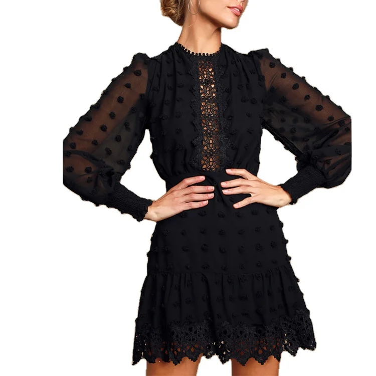 Factory Customization  Embroidered Lace Long Sleeve Summer Woman Casual Mini Ladies Formal Classy  Sassy Dress