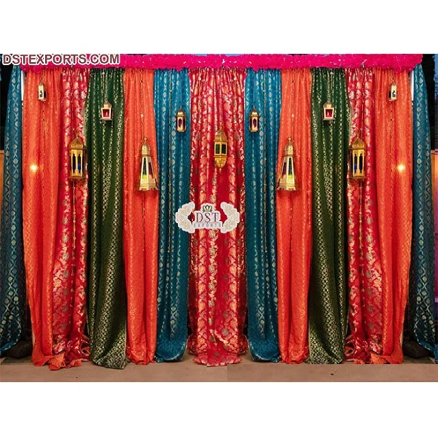 Colorful Zari Work Backdrops For Mehndi Event Punjabi Wedding Mehndi Night Function Backdrops Pakistani Wedding Stage Drapes