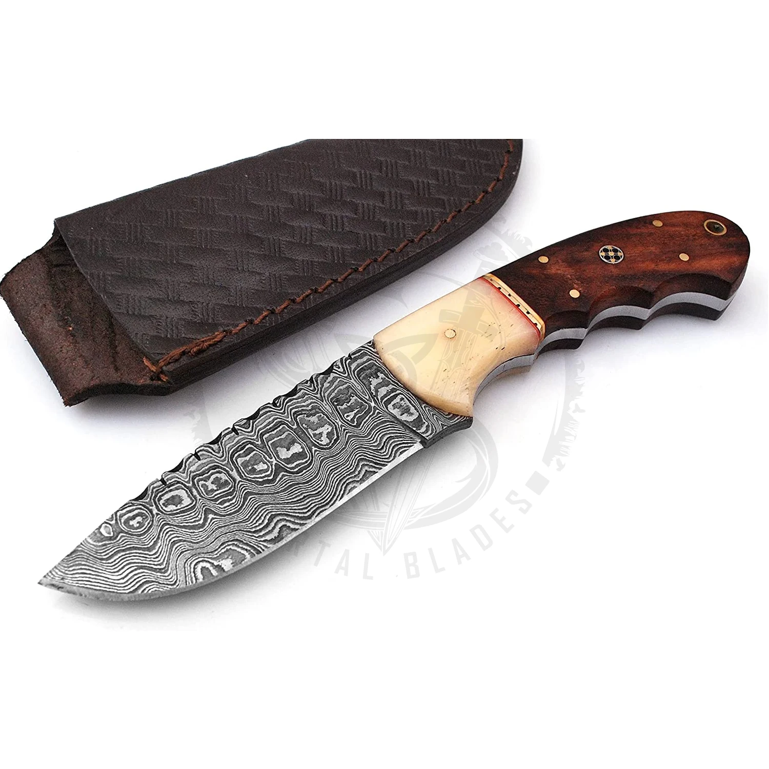 Damascus Steel Fixed Blade Hunting Knife with Leather Sheath Multipurpose Outdoor Knife with Rosewood Handle for Camping