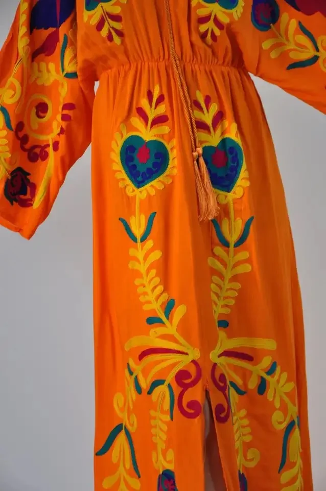 New Design Summer Resort Wear Floral Thread Embroidery Vintage Long Sleeve Floor Length Kaftan For Women Gift For Her