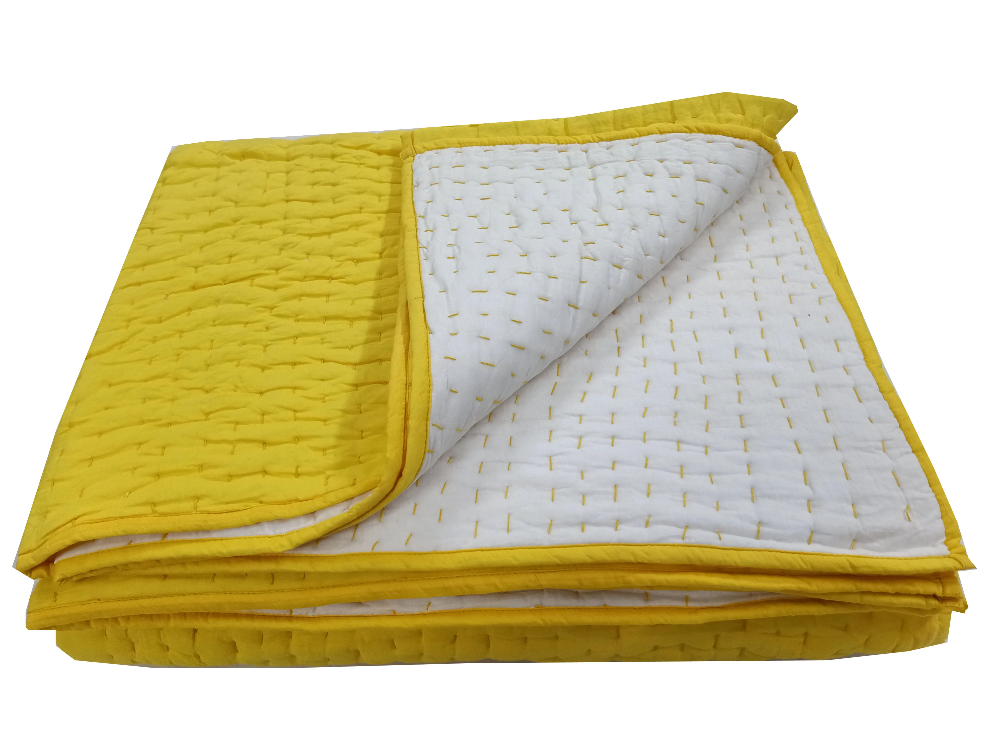 Vintage Indian Hand Thread Work Best Price King Size Jaipuri Quilt Soft Cotton Hand Stitched Yellow Quilts Blanket Bed Spread